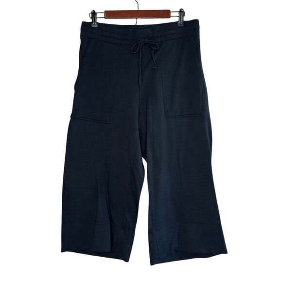 Quince SuperSoft Fleece Wide Leg Pant Womens Size Large Black Crop Lounge Comfy - Picture 1 of 7